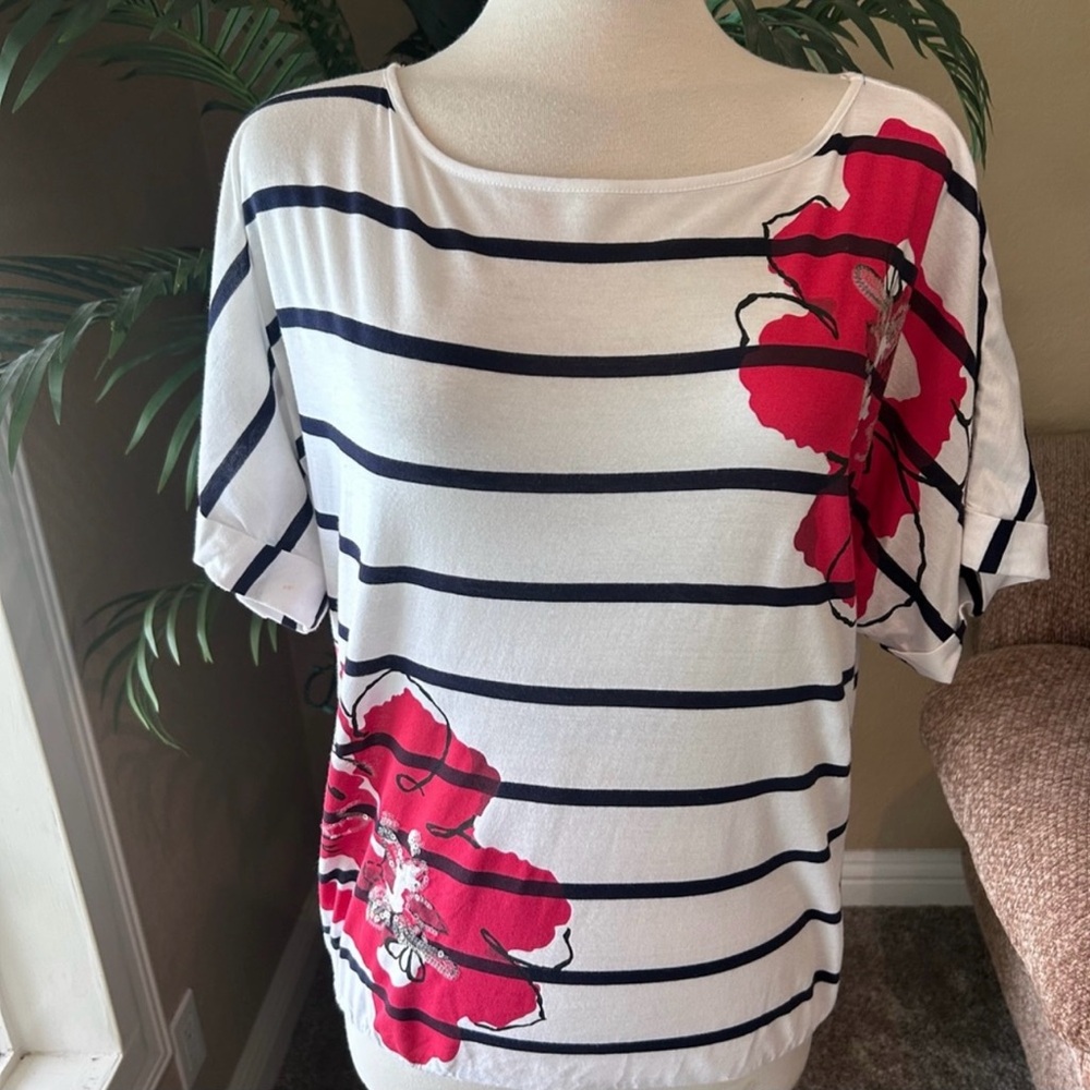🇺🇸 INC MACY’s Striped Floral Short Sleeve Top - Red, White and Blue,Size S
